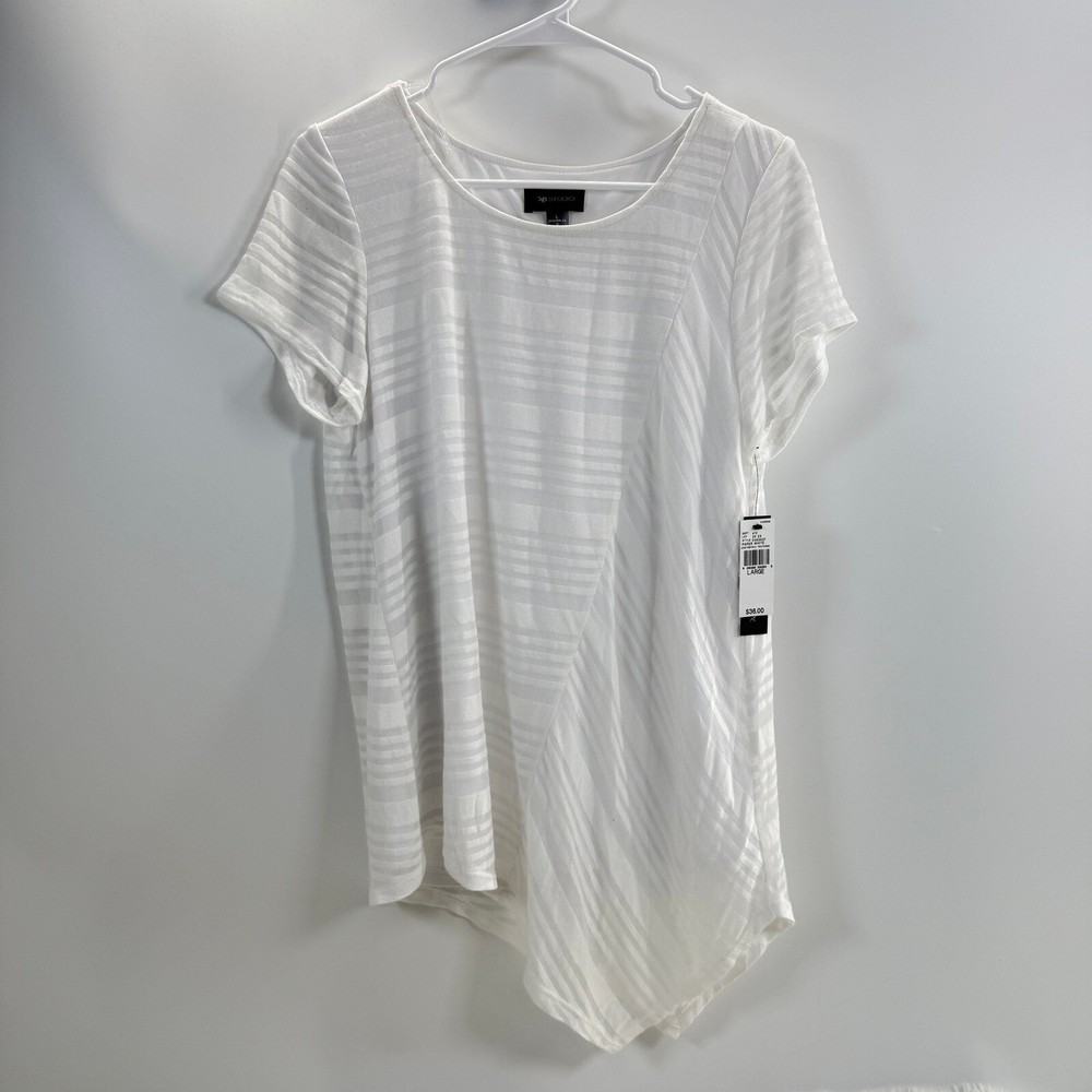 AB Studio Tunic Top Asymmetric Textured Paper White Short Sleeve Large New Boho