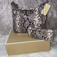2PC! Michael Kors Python Embossed Matilda Large Leather Shoulder Bag & Wallet