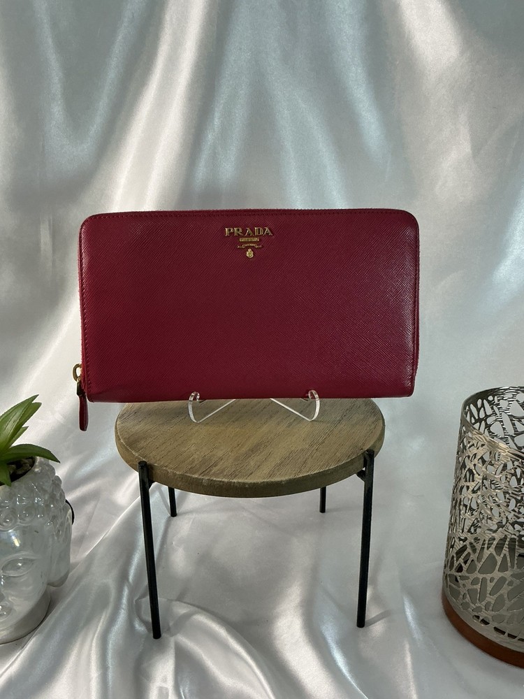 Authentic EUC Prada Large Raspberry Saffiano Leather Wallet w COA