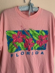 M/L Vintage Unisex Pink Florida Hibiscus T-shirt 80s 90s Retro Tourist Flower FL