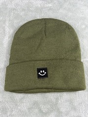 Green Cuffed Beanie Hat Solid One Size Unisex Youth Smiley Patch