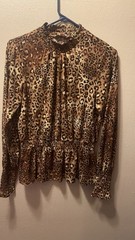 Leopard Print Smocked Mock Neck Blouse Long Sleeve Women’s S