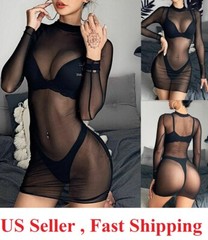 Women Sexy See Through Mesh Sheer bodysuit party dress Lingerie clubwear fishnet