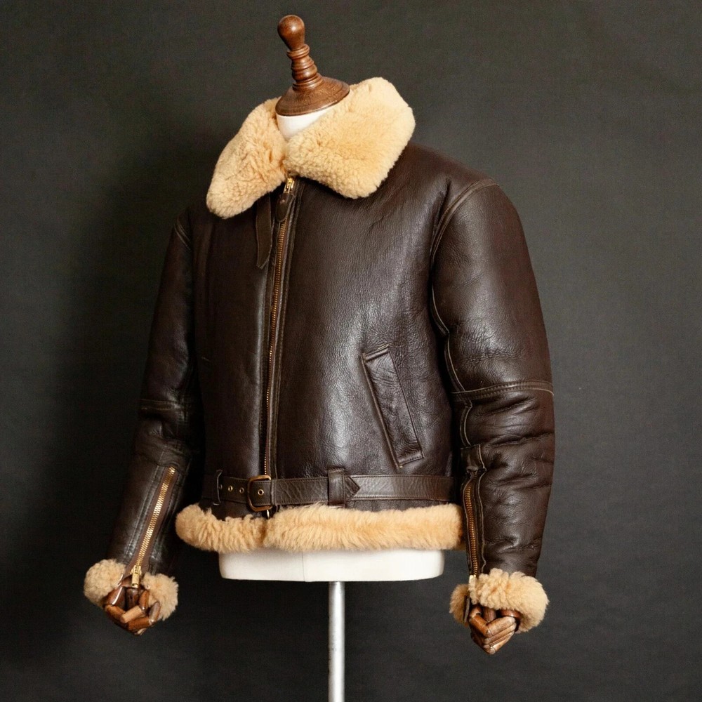 Men’s B3 Shearling Leather Bomber Jacket Brown RAF Aviator Sheepskin Fur Collar