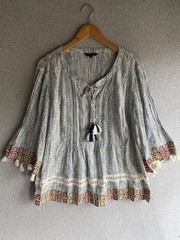 John Mark Blouse Womens Large Boho Pleated Tasseled Beach Resort