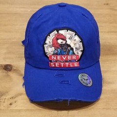 Never Settle Hat Cap Strap Back Blue Money Cash Logo One Size Adjustable Cotton