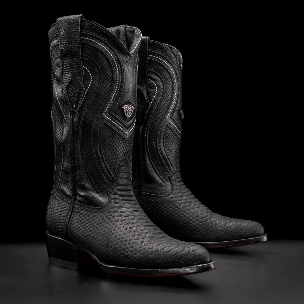 Genuine Leather Exotic Python Snakeskin Print J-Toe Cowboy Western Boots – Black