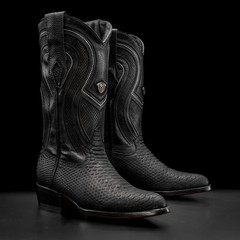 Genuine Leather Exotic Python Snakeskin Print J-Toe Cowboy Western Boots – Black