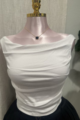 Active Basic White Ruched Sleeveless Boat Neck Stretch Knit Top Cotton S Women