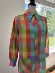 VTG 70s Rainbow Multicolor Patchwork Plaid Duster Coat Collared House Dress M