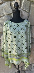 NEW DIRECTIONS Tunic Top Small Lime Green Black Geometric Chiffon Sharkbite Hem