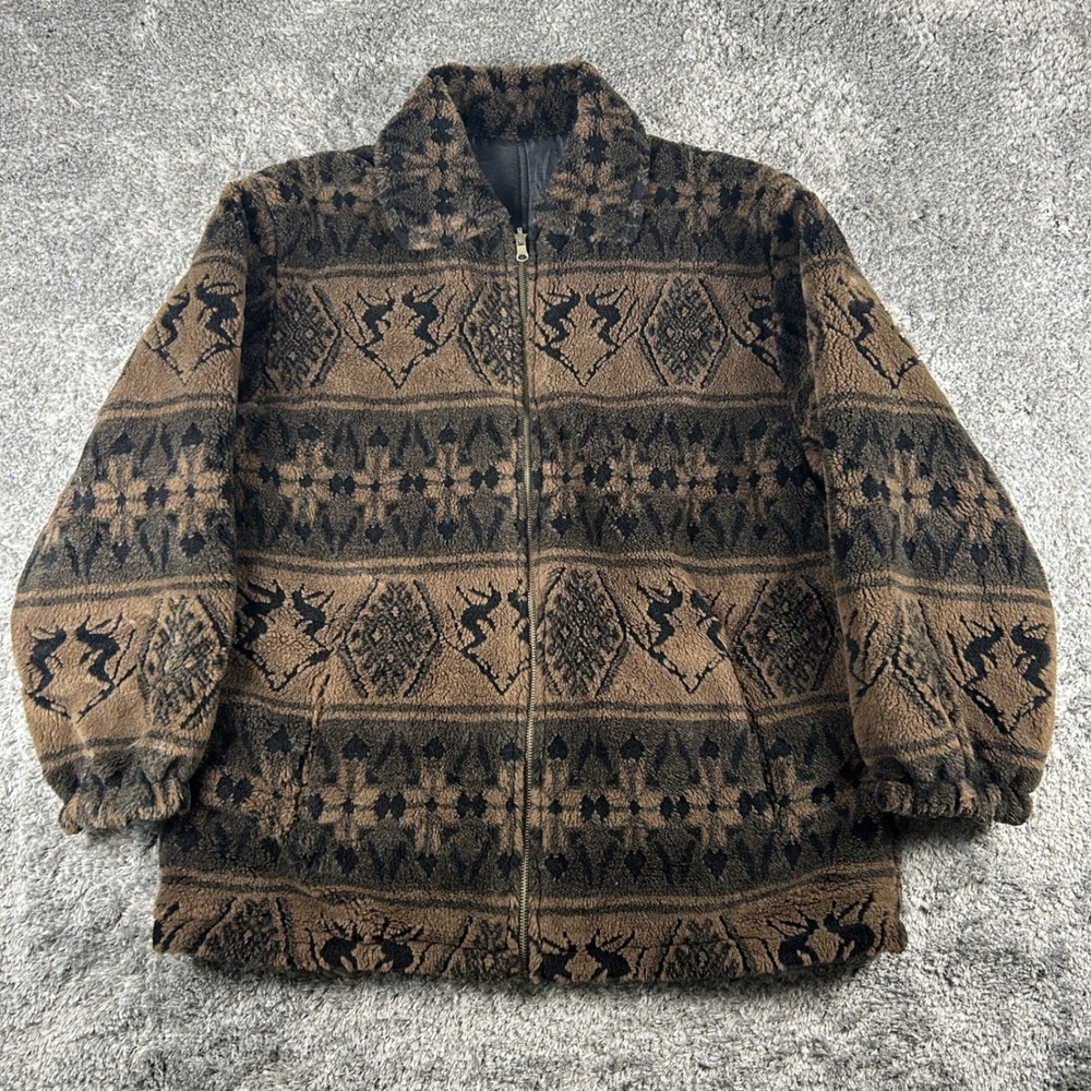 Vintage Basic Editions Reversible Jacket Mens L Brown Silk Fleece Southwest Deer