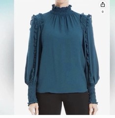 Max Studio Solid Green Ruffle High Neck Smocked Cuff Puff Sleeve Blouse XS