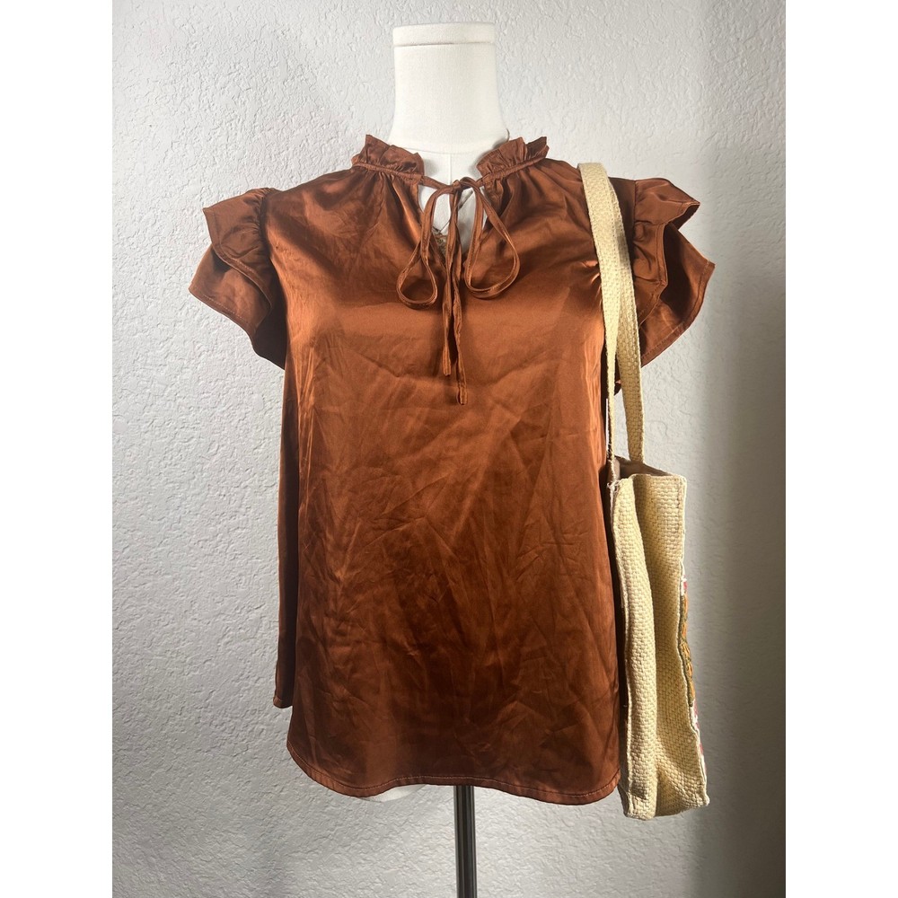 Rust Brown Satin Ruffle Neck Flutter Sleeve Blouse Copper Tie Neck Top Womens