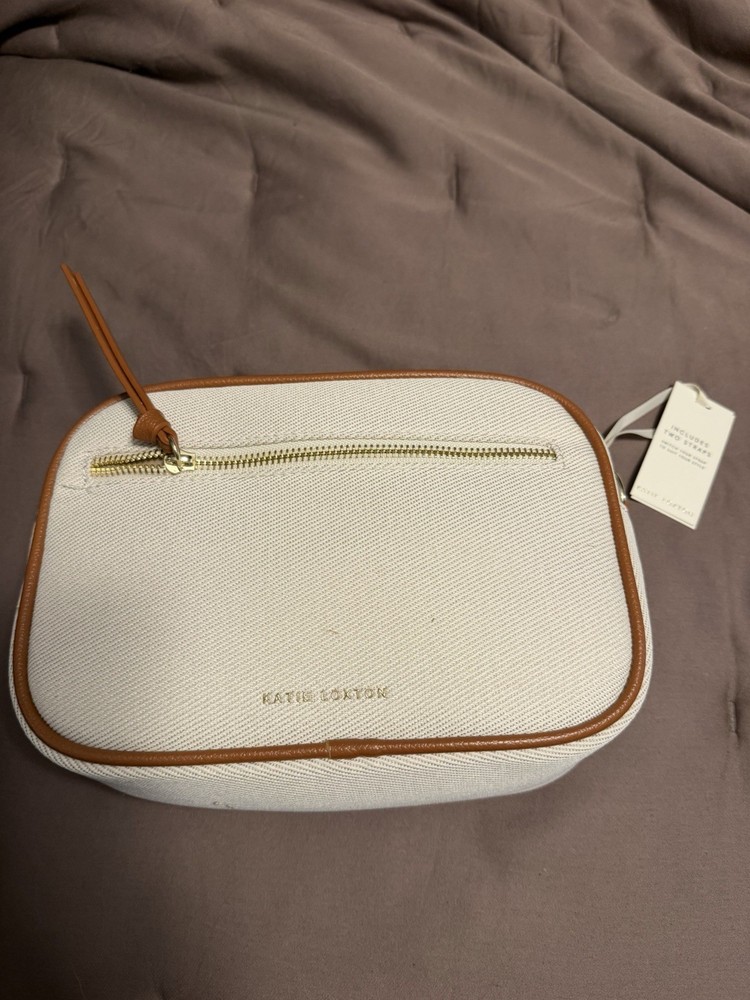 Katie Loxton Beige/Brown Solid Rectangle Crossbody Bag Gold Zip Detachable Strap
