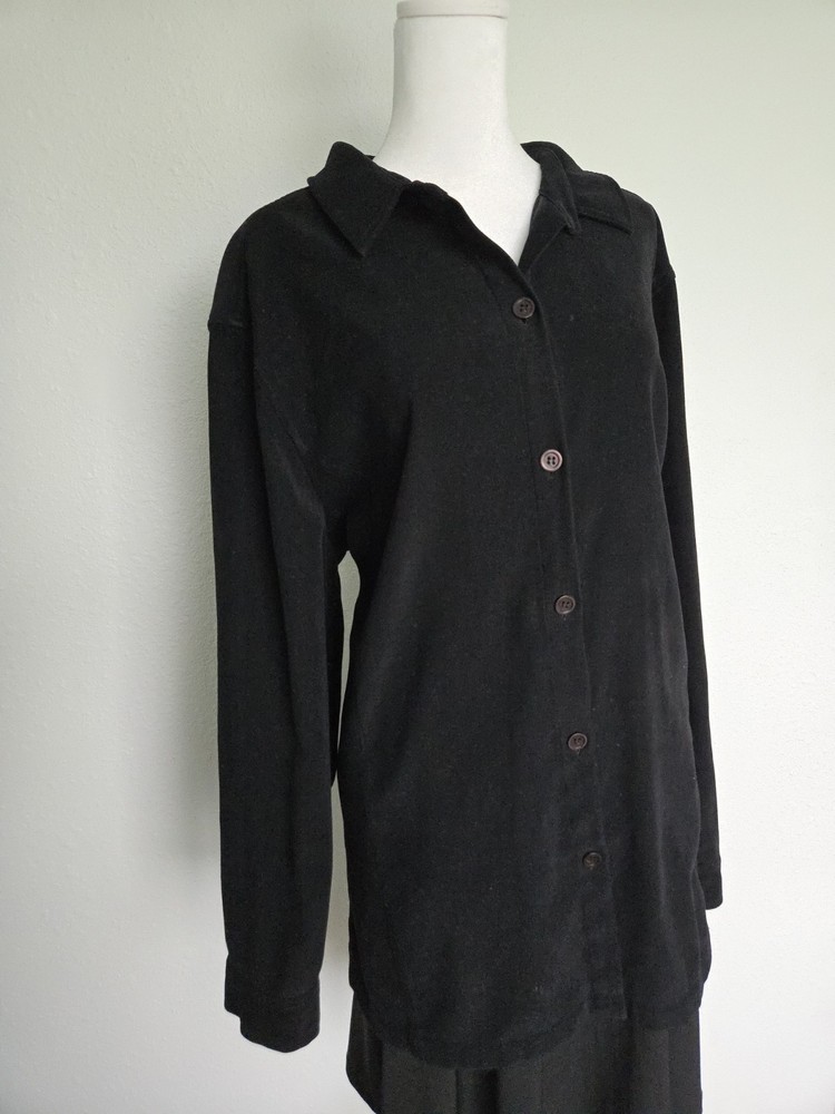 Goth Grunge basic layer Black Solid ButtonUp Shirt Collared Long Sleeve Womens L