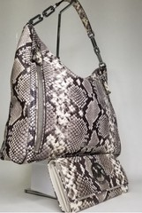 2PC! Michael Kors Python Embossed Matilda Large Leather Shoulder Bag & Wallet