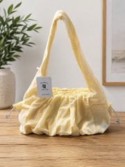 Noromoro Beige Solid Drawstring Clutch Bag w/ Brand Card Silver Hardware