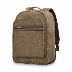Hartmann Tweed Pattern Backpack Brown/Beige Zip Outer Pockets Leather Straps