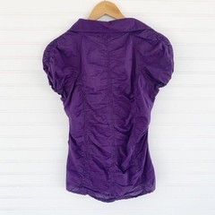 Active Basic Ruched Button Down Shirt Size L Purple Puff Sleeve Cotton Top
