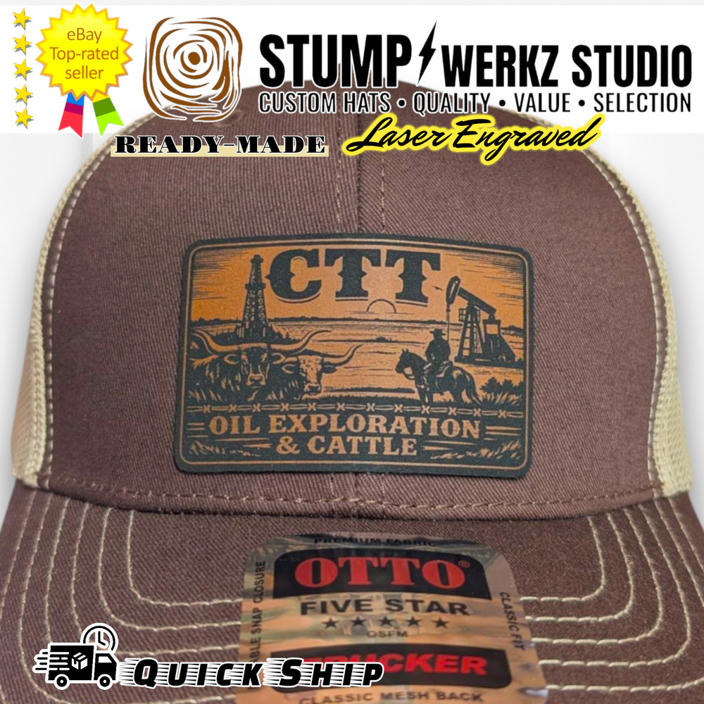 Custom Hat Trucker Baseball Cap Leather Patch CTT Oil Exploration & Cattle Texas