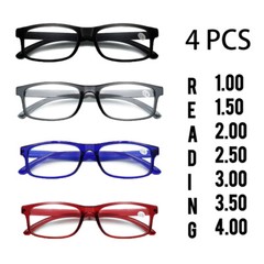 4 Pair Rectangular Spring Hinge Power Reading Reader Glasses For Men Women 1-3.0