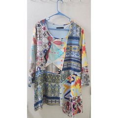 Calesa Mixed Print Patchwork Ruffle Tunic Top Multi-Color Boho Asymmetrical L