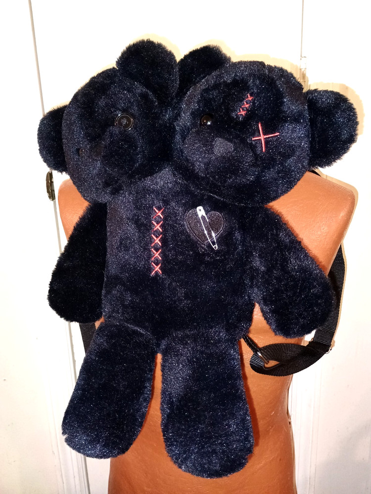 Hot Topic Doubleheaded Safety Pin Bear Plush Backpack.