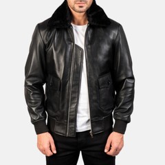 Men’s Airing G-1 Black Leather Bomber Biker Jacket Collar Fur Real Lambskin Coat