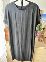 Black Solid Ribbed Round Neck Cap Sleeve Knee Dress Back Zip Petite 10P