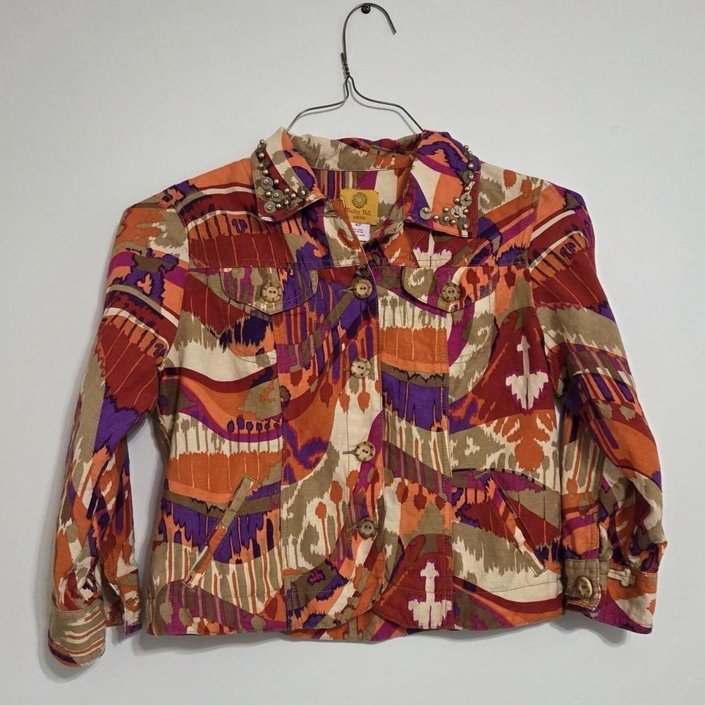 Ruby Rd. Multicolor Abstract Design Button-Up Long Sleeve Shirt Bead Accents 4P