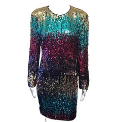Rainbow Multicolor Sequin Long Sleeve Dress Size M Knee Length Prom Evening