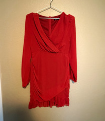 Double Crazy Red Solid V-Neck Puff Long Sleeve Ruffle Mini Dress Zip Size S
