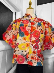 Womens Multicolor Floral Collared Button-Front Short Sleeve Blouse OS