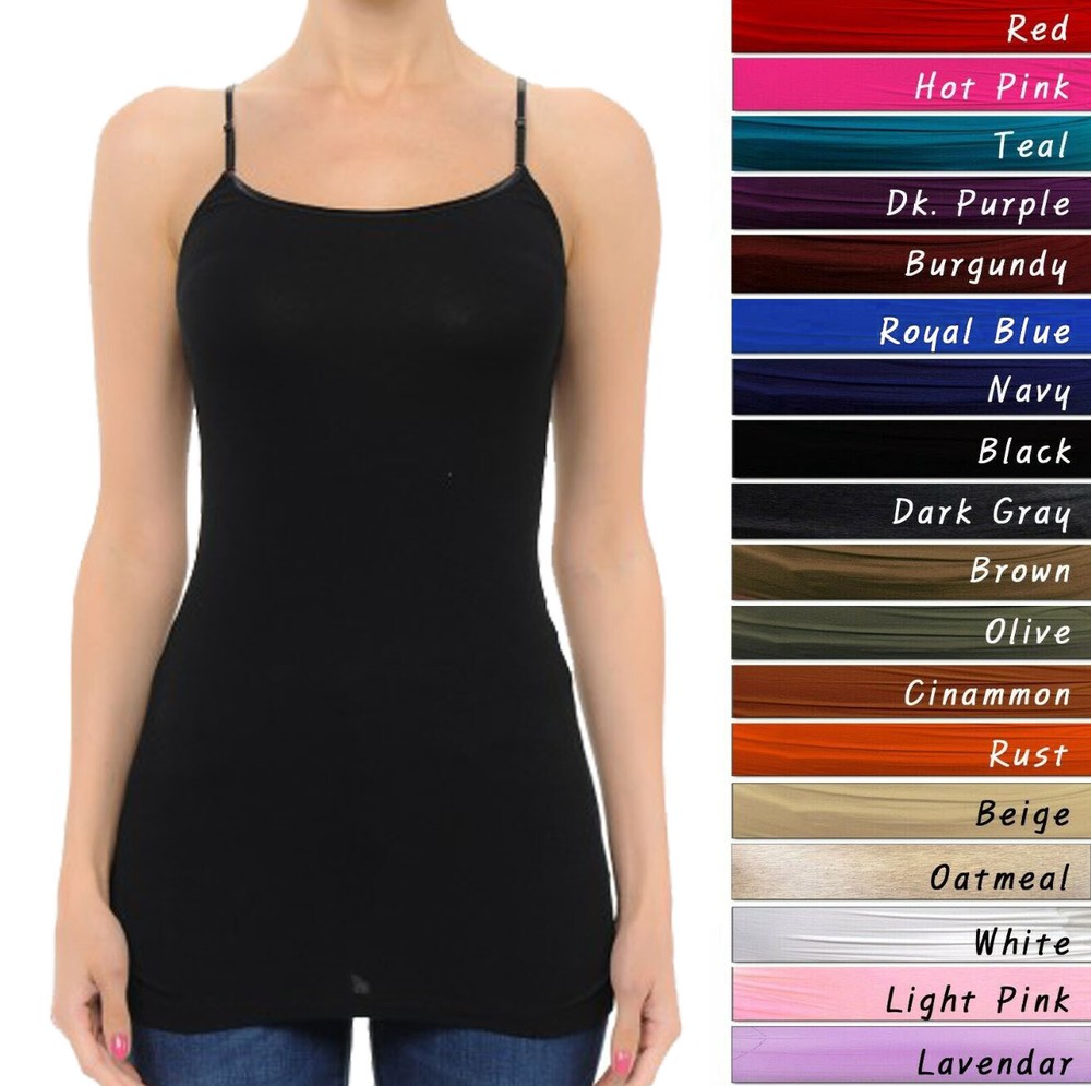 Plain Basic Long Tank Top Adjustable Spaghetti Strap Cotton Camisole Plus Size