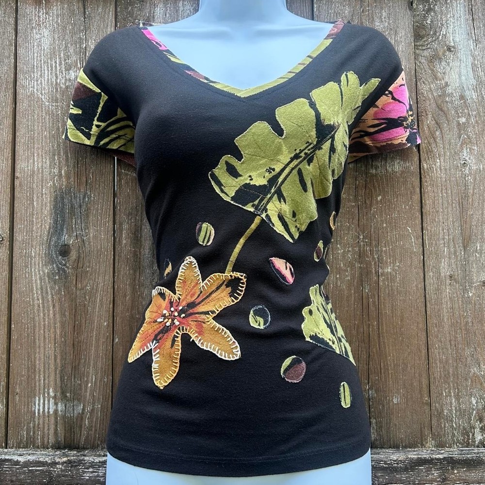 VTG Y2K Patchwork Applique Floral Top Earthy Boho Fairy S