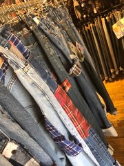 Random Vintage Upcycled Patchwork Flannel Jeans Recycled Mixed Colours Unisex