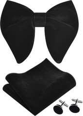 Mens Solid Plaid Velvet Pre-tied Adjustable Bow Tie and Pocket Square Cufflink S