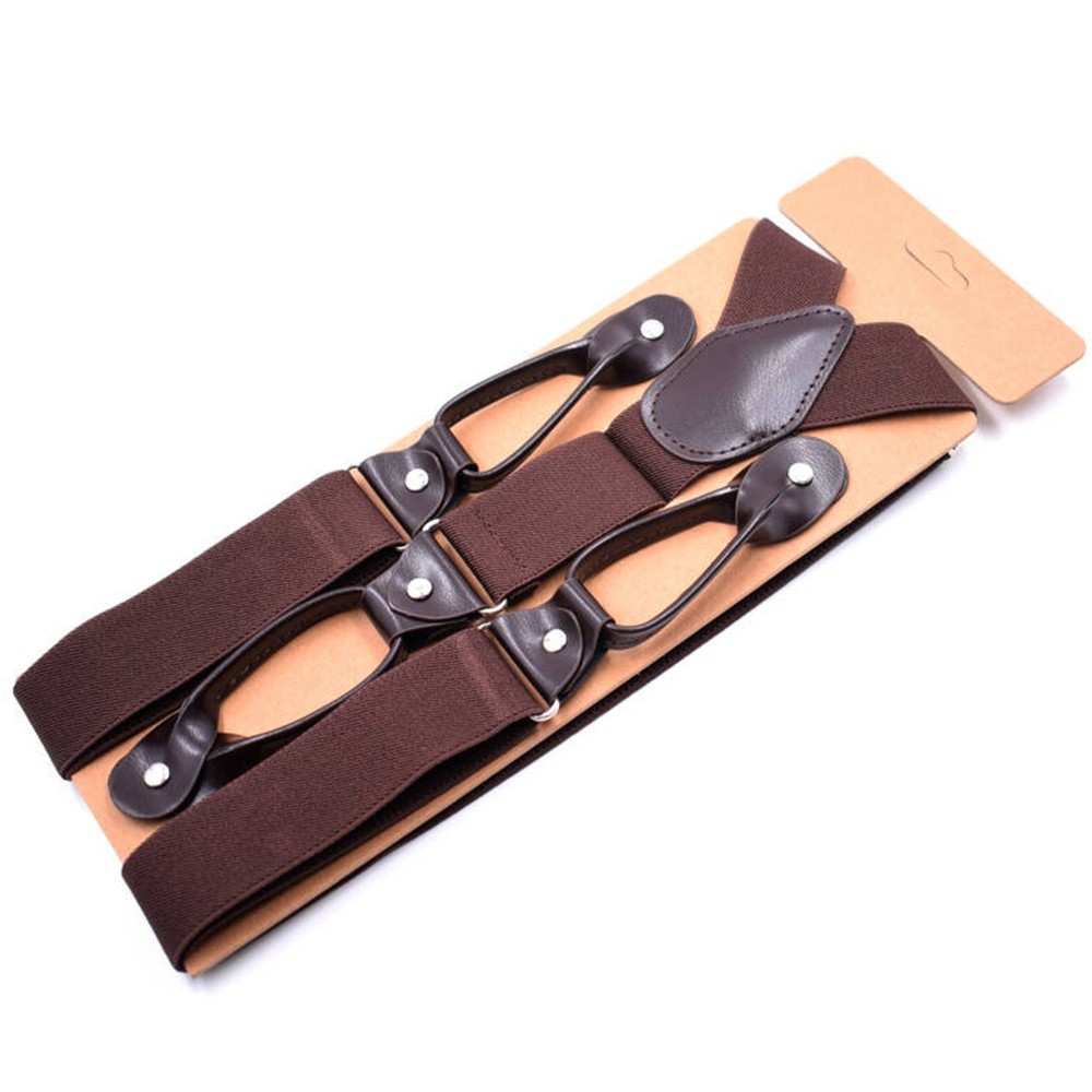 Button Holes Link Suspenders Adjustable Elastic Unisex Braces Deep Coffee Color